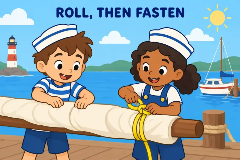 Cartoon sailors roll and tie a sail along its spar, showing furl in a sentence as gathering fabric around a support.