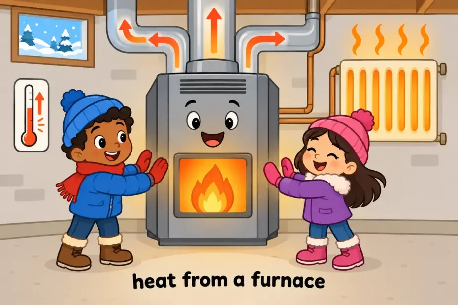 Cartoon children warm their hands beside a glowing home furnace, illustrating furnace in a sentence as a source of intense heat.