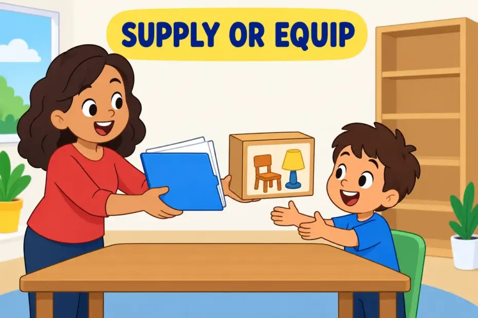 A cartoon adult hands a folder of papers and a box of furniture to a child, showing furnish in a sentence as supplying and equipping.