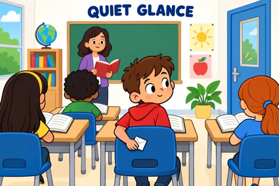 A cartoon child gives a quick sideways glance while hiding a note behind their back, showing furtive in a sentence as a secret look.