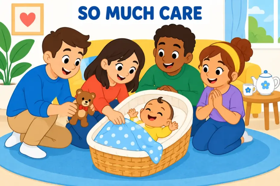 Cartoon relatives crowd around a giggling baby, illustrating fuss over in a sentence as anxious, close attention.