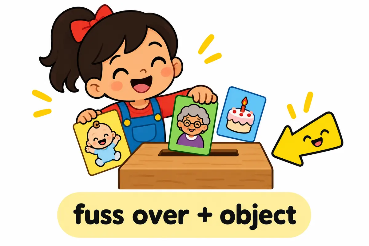 Three cartoon cards show a baby, an elderly relative and a small cake, each sitting after the words fuss over.