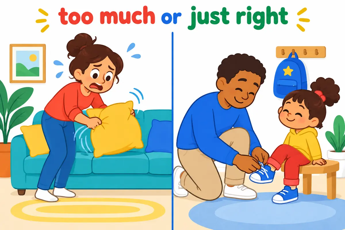 A split cartoon scene contrasts an anxious adult arranging a cushion repeatedly on one side with a calm carer helping a child on the other.