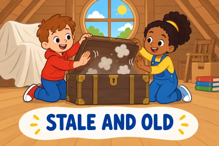 Cartoon children open a dusty attic trunk, illustrating fusty in a sentence as a stale, airless smell.