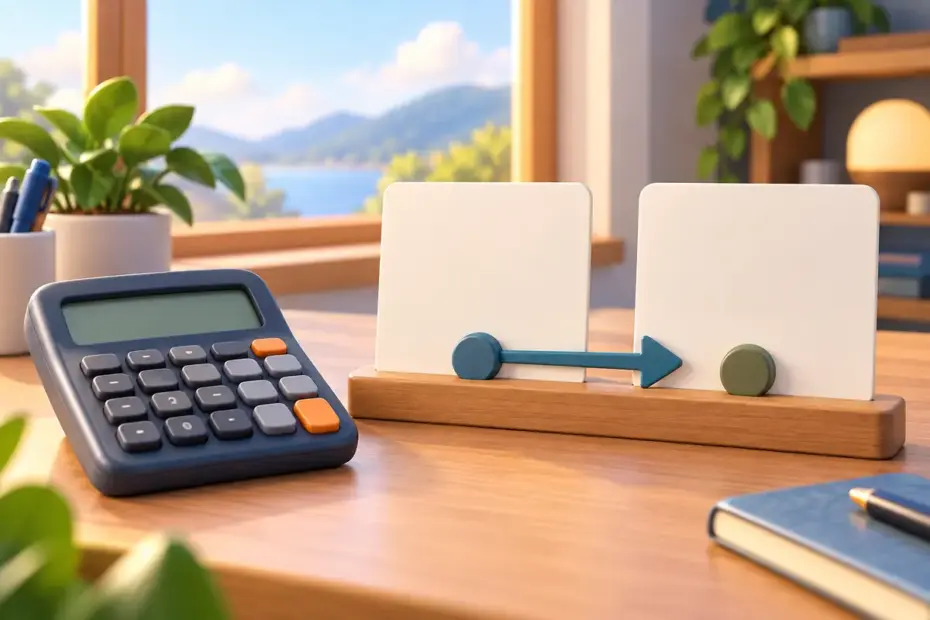 A calculator rests beside a two-period timeline made from blank cards.