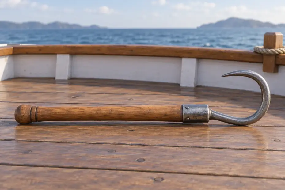 A hooked fishing pole rests securely on a boat deck.