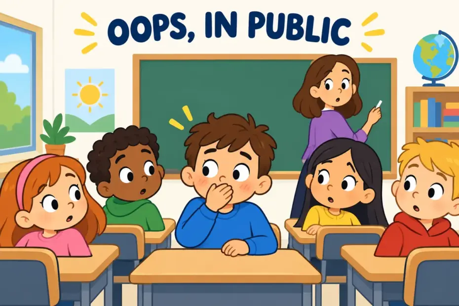 A cartoon child covers their mouth as classmates turn to look, showing gaffe in a sentence as a public slip.