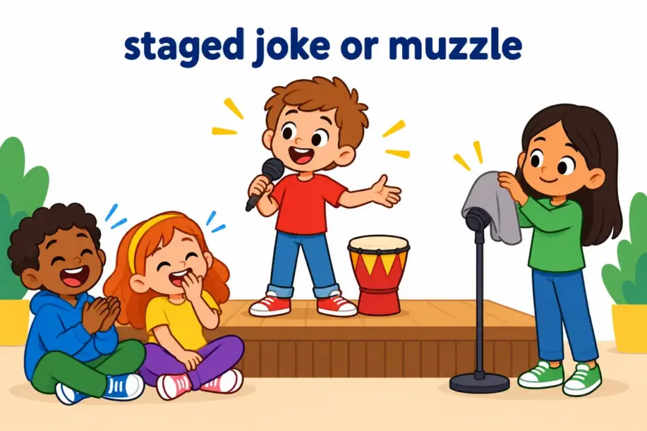 A cartoon comedian tells a gag on a small stage while a separate child holds a hand over a microphone.