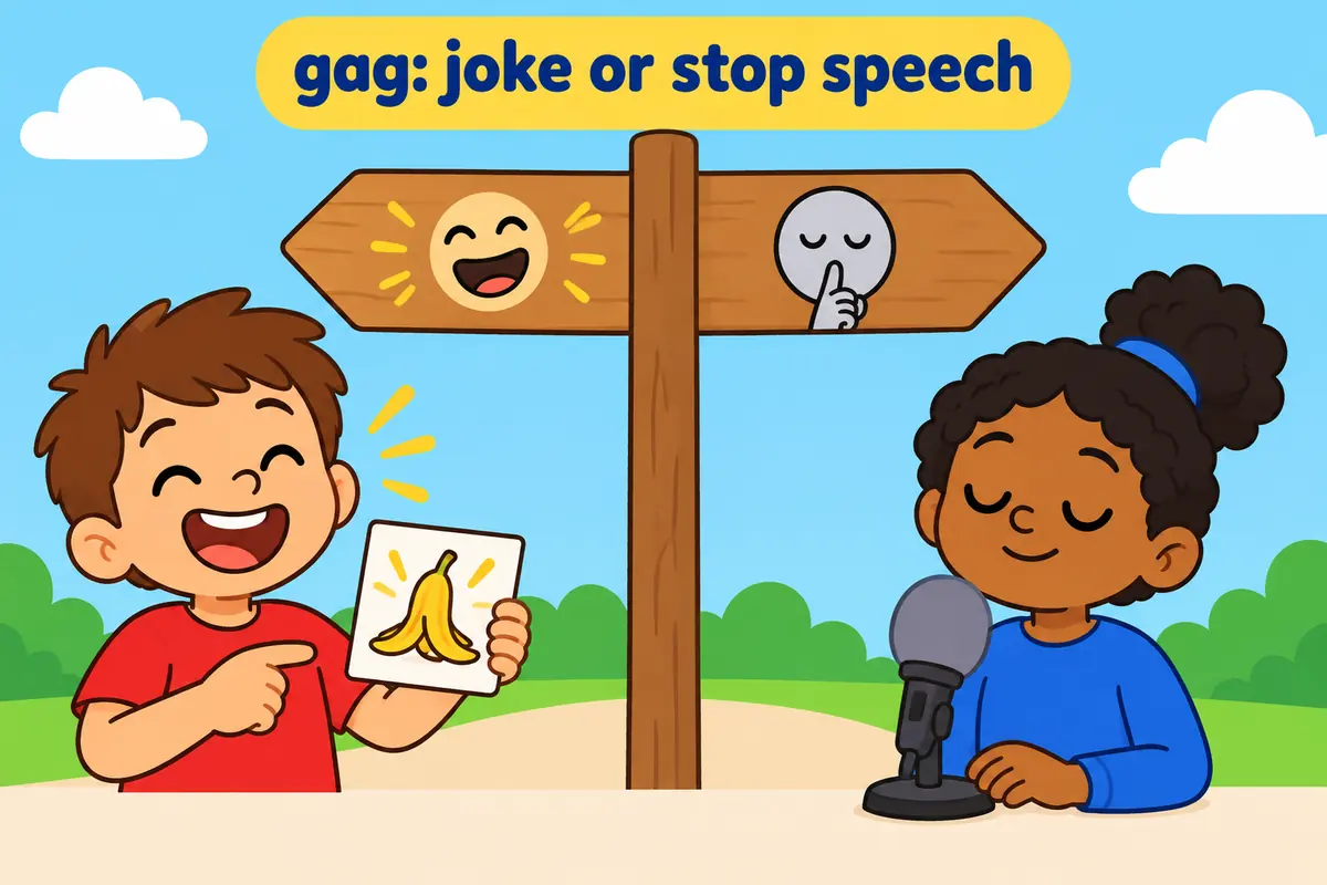 A cartoon board shows a joke card on one side and a covered microphone on the other, joined by one label.