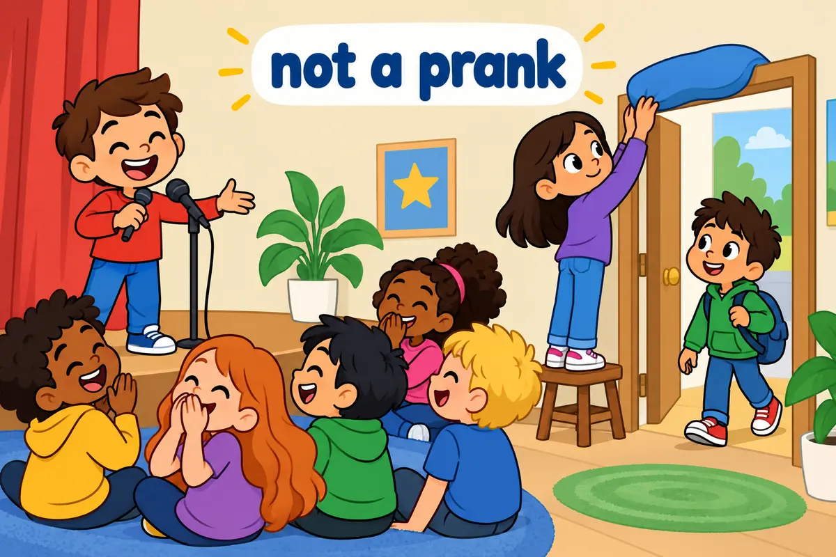 A single cartoon scene contrasts a performer telling a repeat joke with a child setting up a harmless trick.
