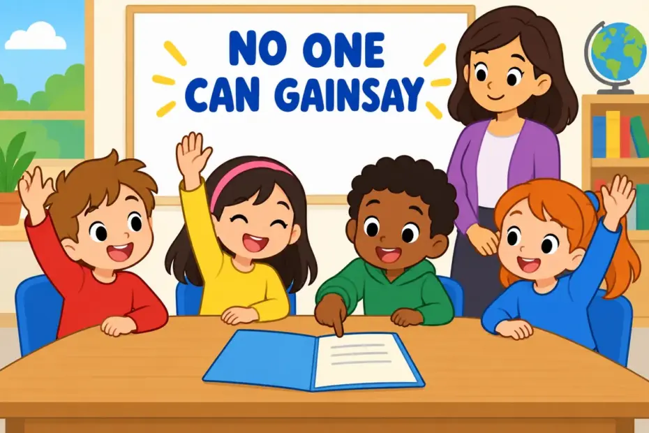 Cartoon pupils raise hands as one points to a report, illustrating gainsay in a sentence as a formal denial nobody disputes.
