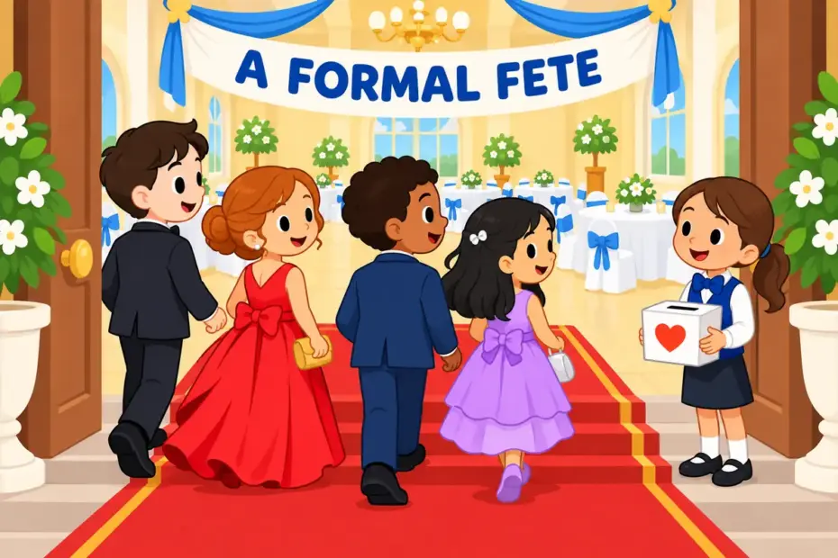 Cartoon guests in evening dress arrive at a decorated hall, showing gala in a sentence as a formal fundraising event.