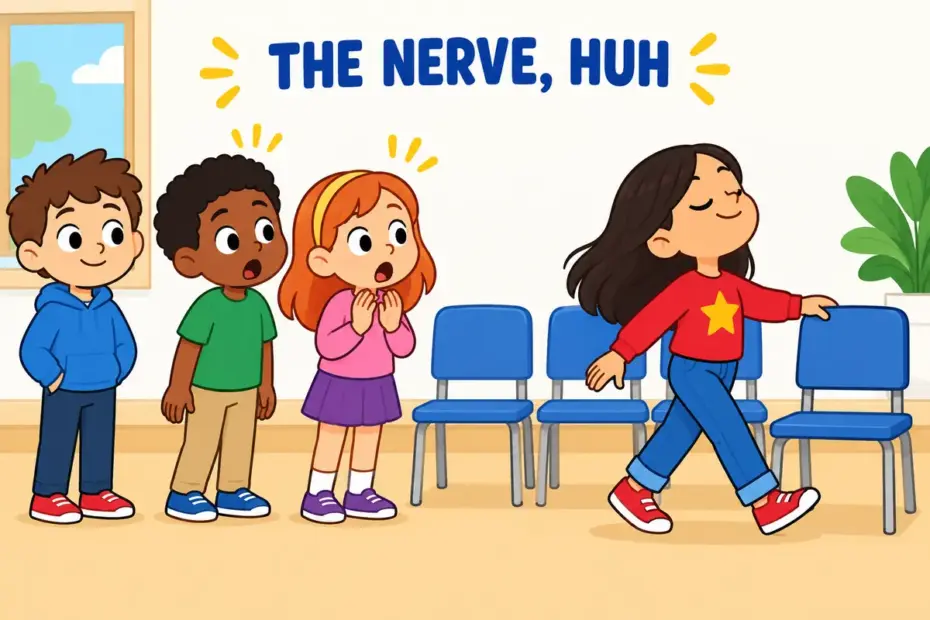 Cartoon children watch a smug classmate grab a seat, illustrating gall in a sentence as shocking bold rudeness.