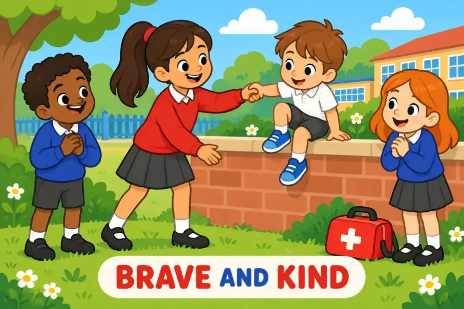 A cartoon child helps a smaller classmate down from a high wall, showing gallant in a sentence as brave and courteous.