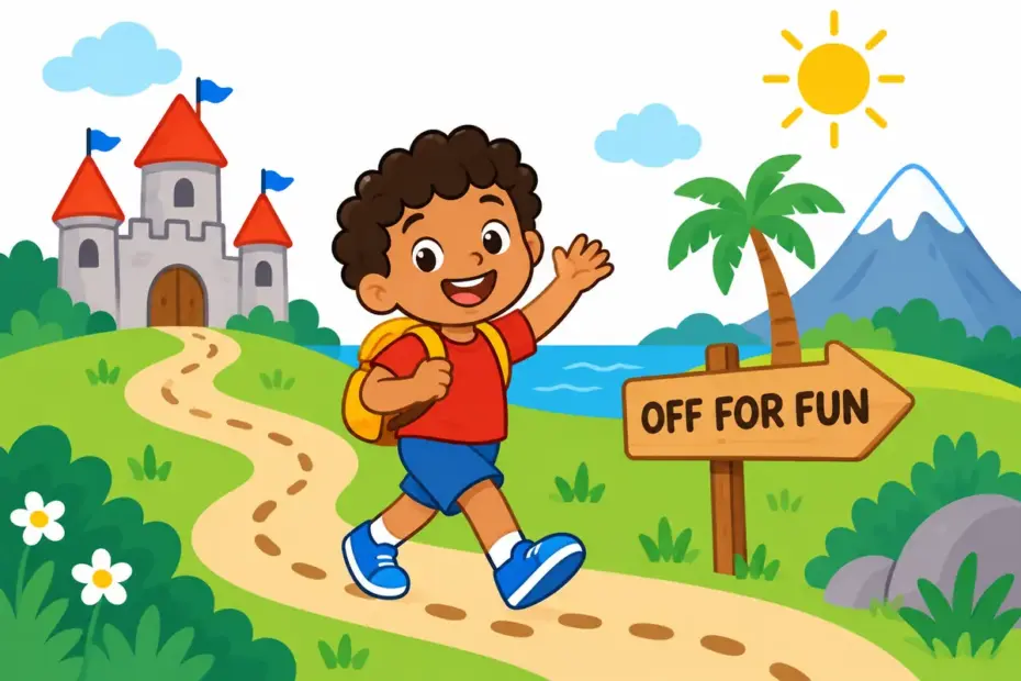 A cartoon child skips along a dotted trail past landmarks, showing gallivant in a sentence as carefree travel.
