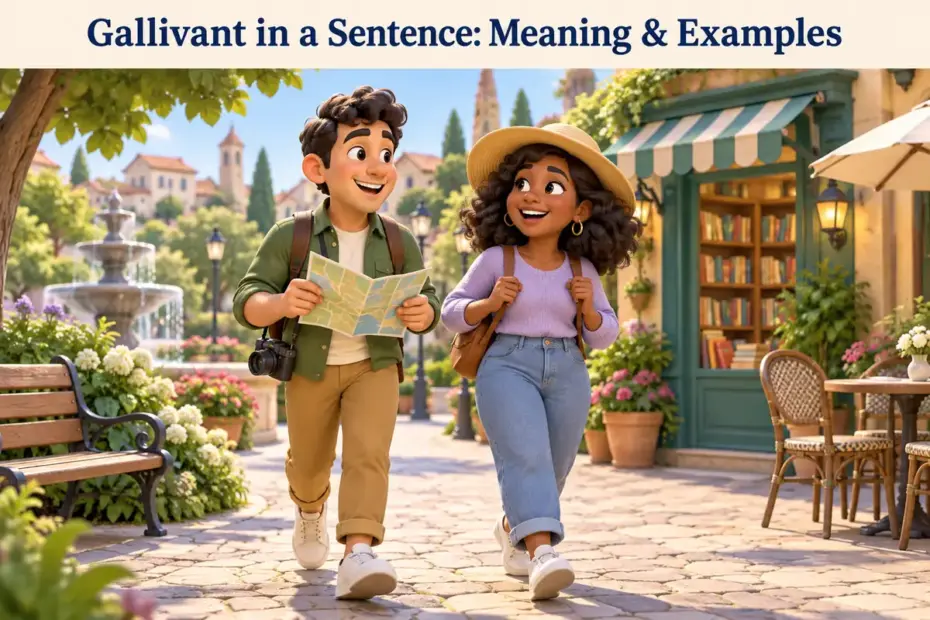 Two friends happily stroll between a park, a bookshop, and a café on a sunny day.