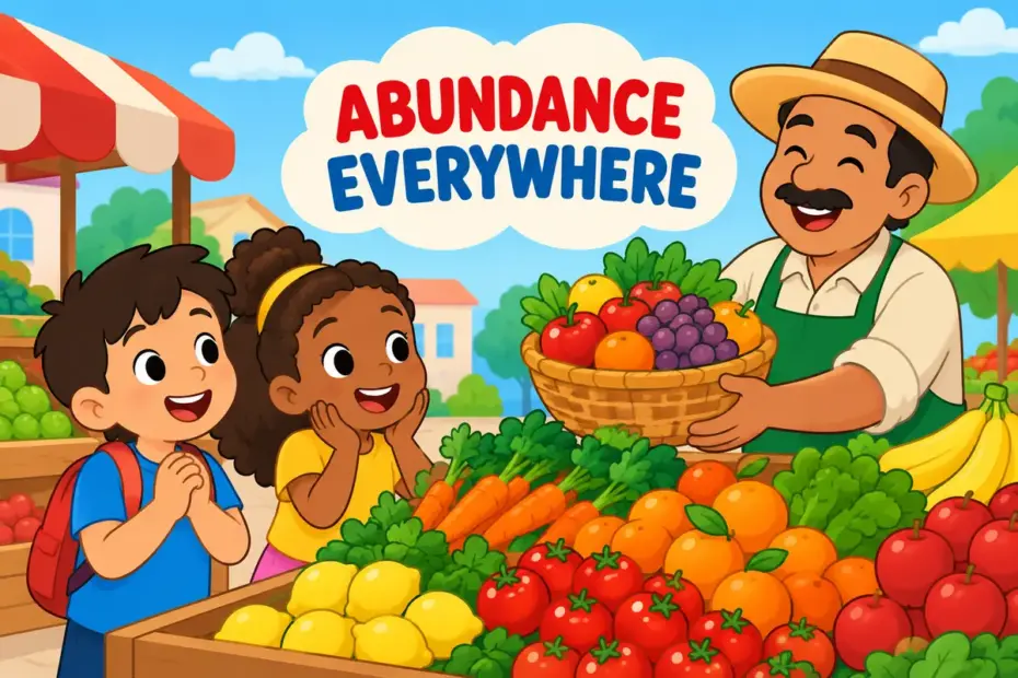 A cartoon market stall piled high with fruit shows children enjoying galore in a sentence as plenty.
