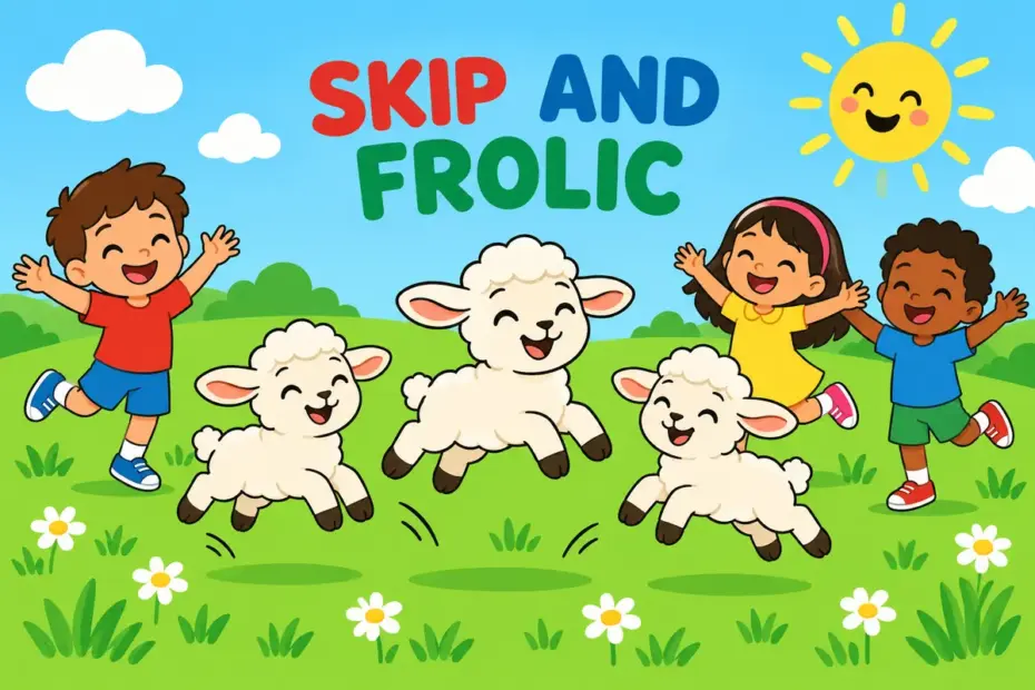 Cartoon lambs gambol across a sunny meadow, showing gambol in a sentence as playful skipping movement.