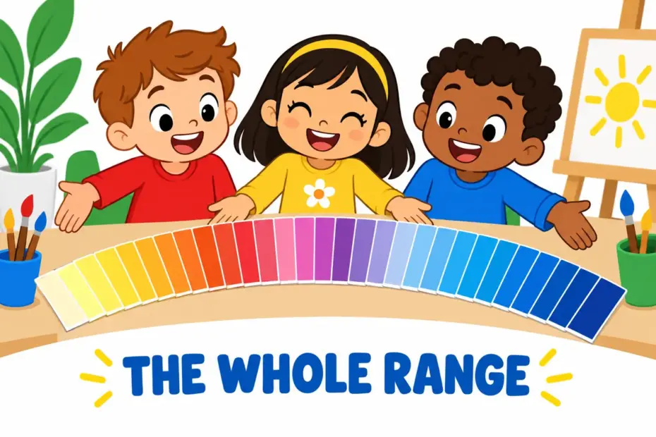 Cartoon children fan out a full set of colour cards in a neat arc, showing gamut in a sentence as a complete range.