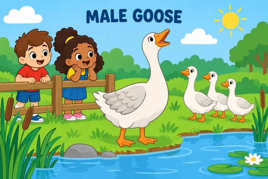 Cartoon children watch a large male goose beside a pond, showing gander in a sentence as the word for a male goose.