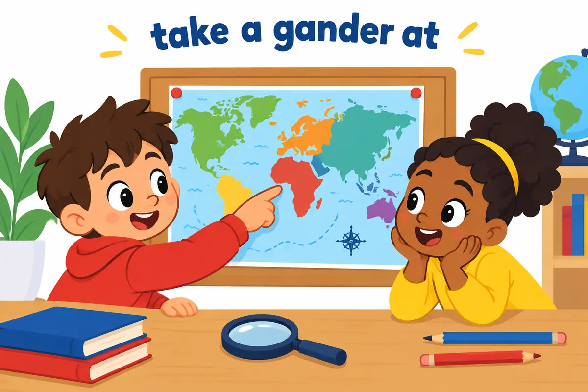 A cartoon child points at a map while a friend leans in, showing the phrase take a gander at something.