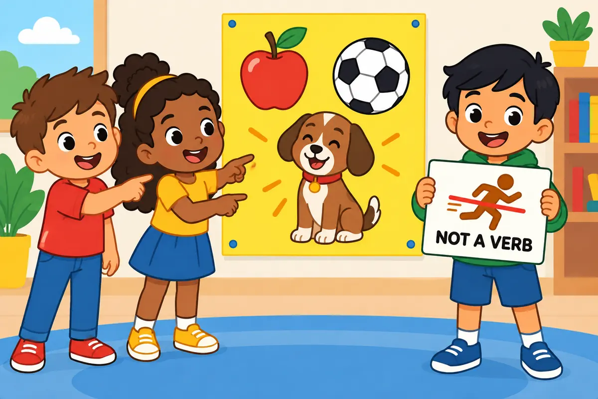 A cartoon single scene contrasts children looking at a poster with a child writing a crossed-out word on a card.