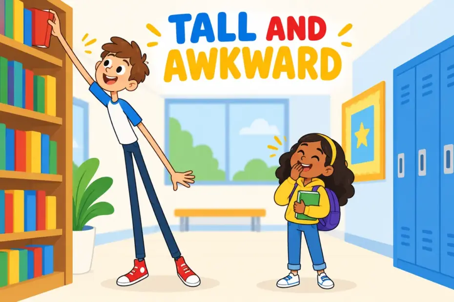 A cartoon tall thin child stretches long arms and legs beside a shorter friend, showing gangly in a sentence.