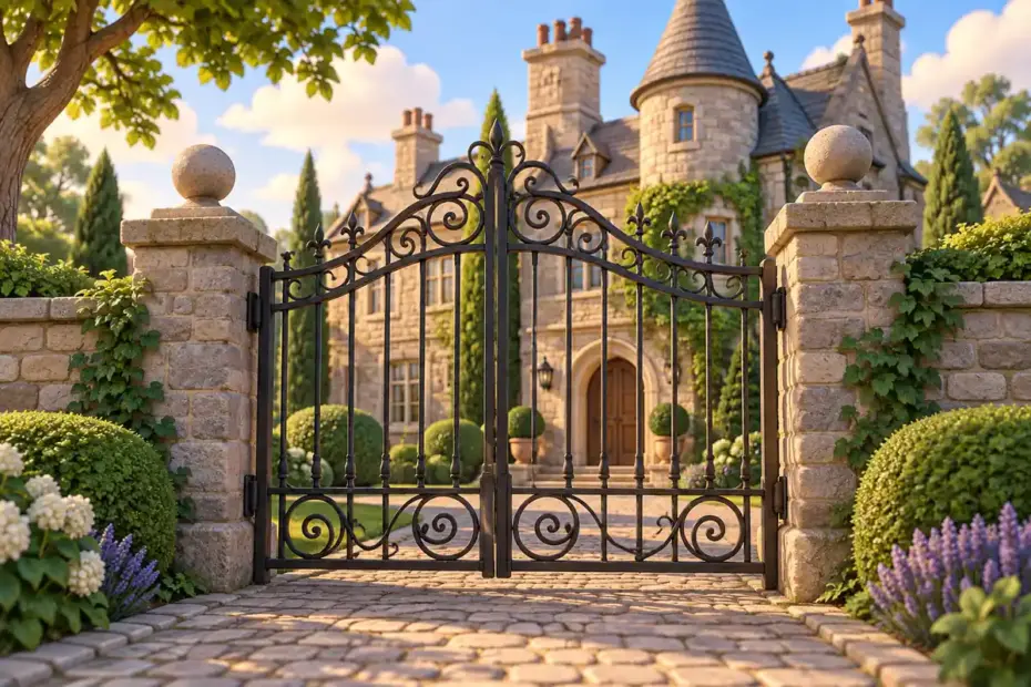 An old stone building stands behind an iron gate.