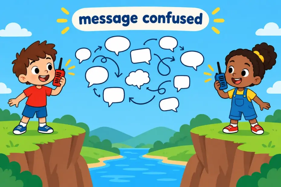 A cartoon walkie-talkie crackles between two children who hear mixed-up words, showing garble in a sentence as distortion.