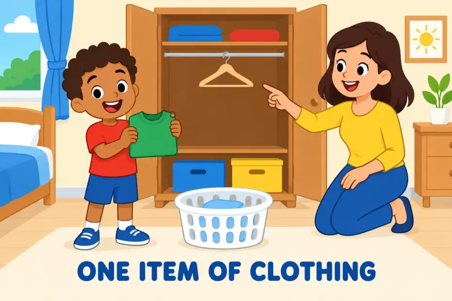 Cartoon child holds up a single folded shirt, illustrating garment in a sentence as one item of clothing.