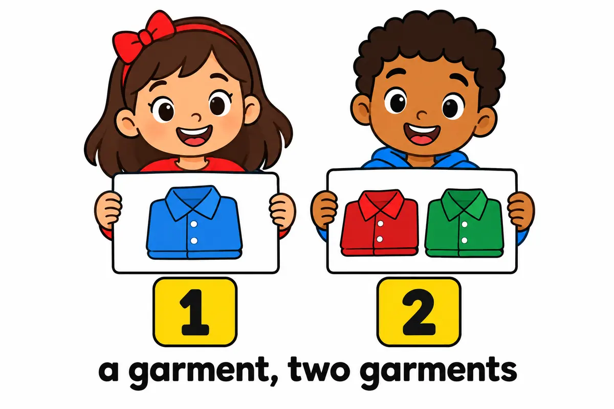 Cartoon cards show one shirt labelled a garment and two shirts labelled garments, teaching the countable pattern.
