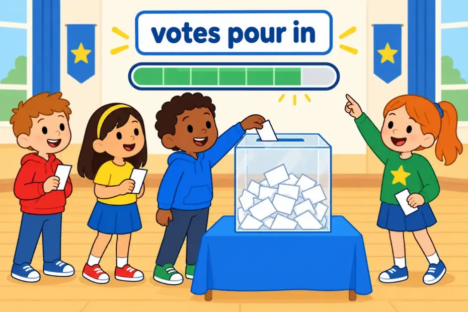 Cartoon children drop paper votes into a clear box beside a big gauge, showing garner in a sentence as collecting support.