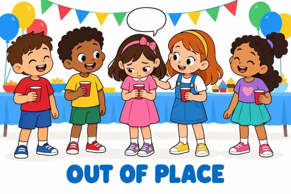 A cartoon child blushes after a gauche remark at a party, showing the word as social awkwardness.