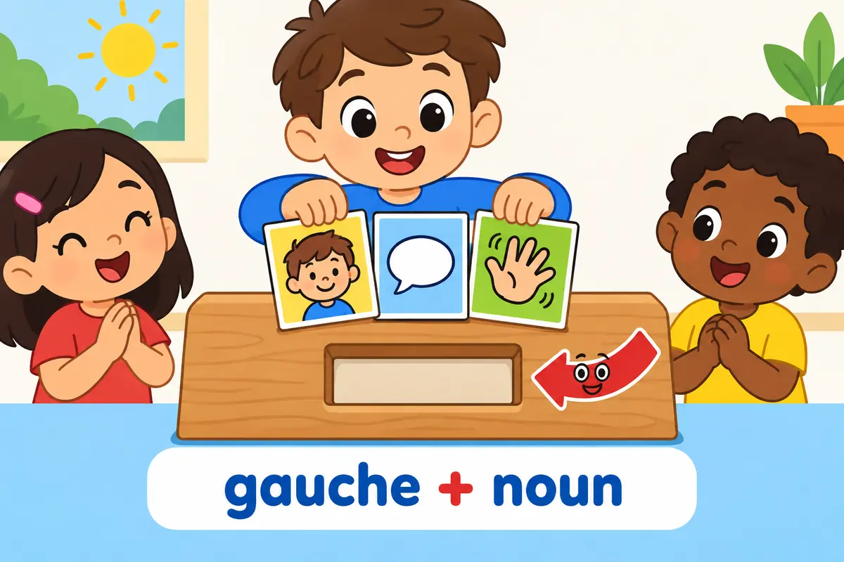 Cartoon cards slot a person, a remark and a gesture into the noun position after the adjective gauche.