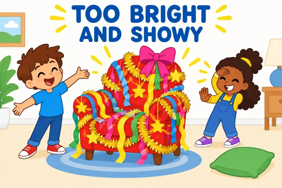 A cartoon child winces beside a lamp covered in clashing bright streamers, showing gaudy in a sentence as tastelessly showy.