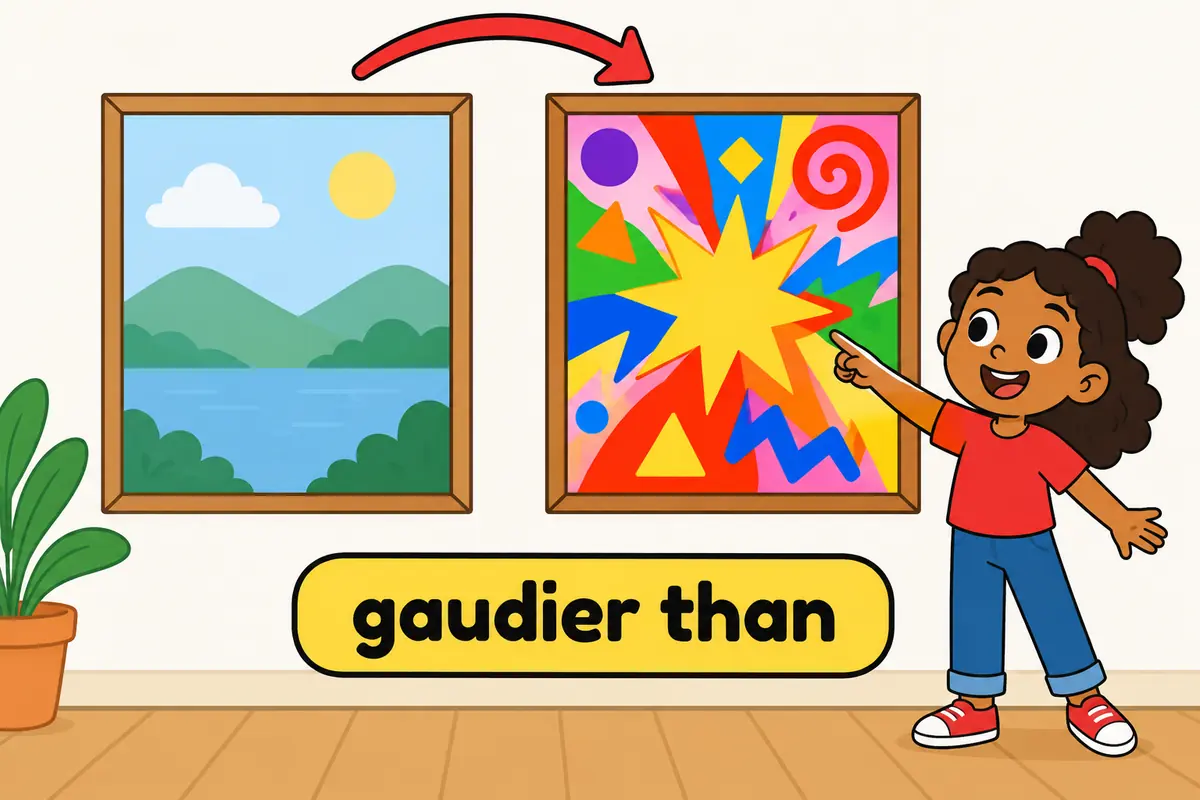 Two cartoon posters sit side by side and an arrow shows which one is gaudier than the other.