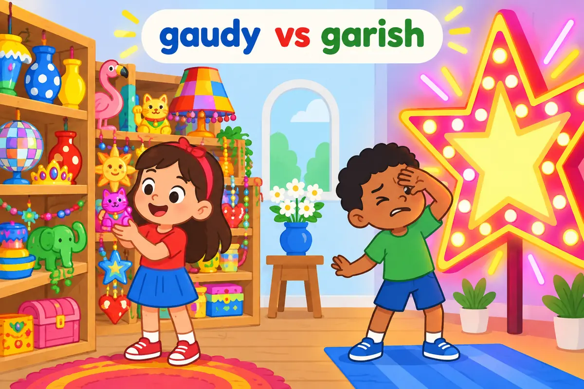A cartoon single scene contrasts cluttered bright decorations with a single glaring neon sign.