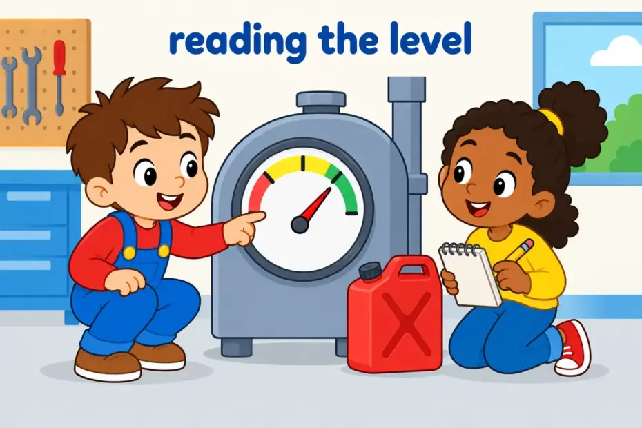 Cartoon children watch a large round pressure dial while one points at the needle, illustrating gauge in a sentence.
