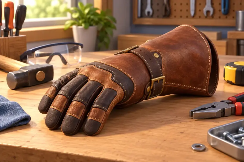 A leather protective gauntlet rests on a workbench beside safety gear.