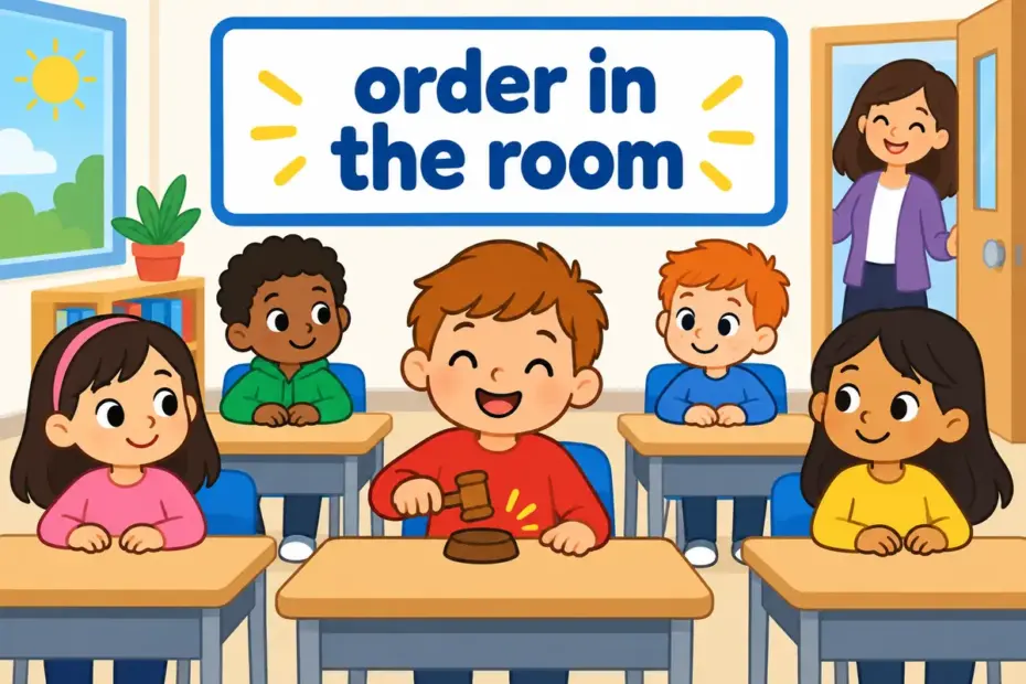 Cartoon pupils sit quietly as a child chair taps a small wooden gavel on a desk to open a class meeting.