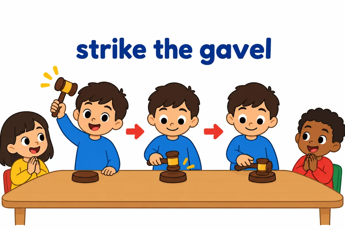 Cartoon children arrange three pictures of hands raising, striking and setting down a small wooden gavel.