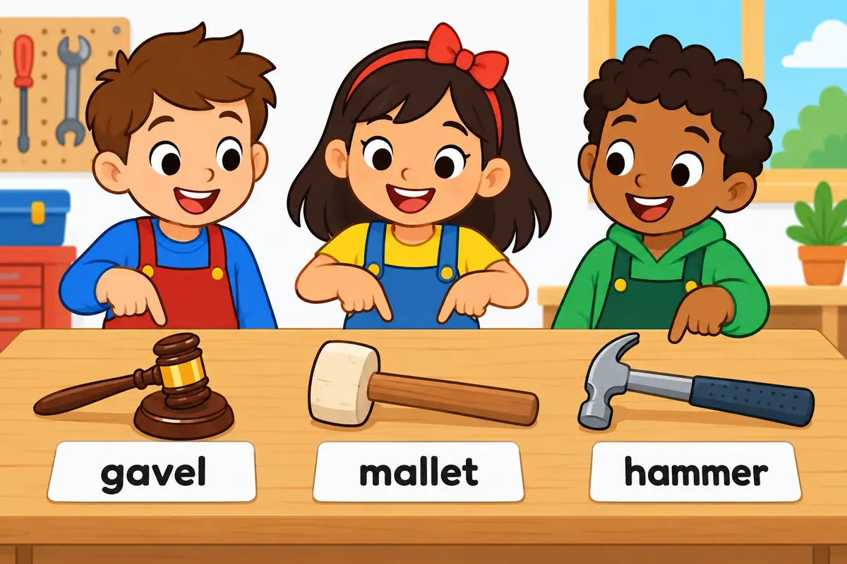 A cartoon scene shows a small gavel on a bench, a larger wooden mallet beside it, and a metal hammer on a shelf.