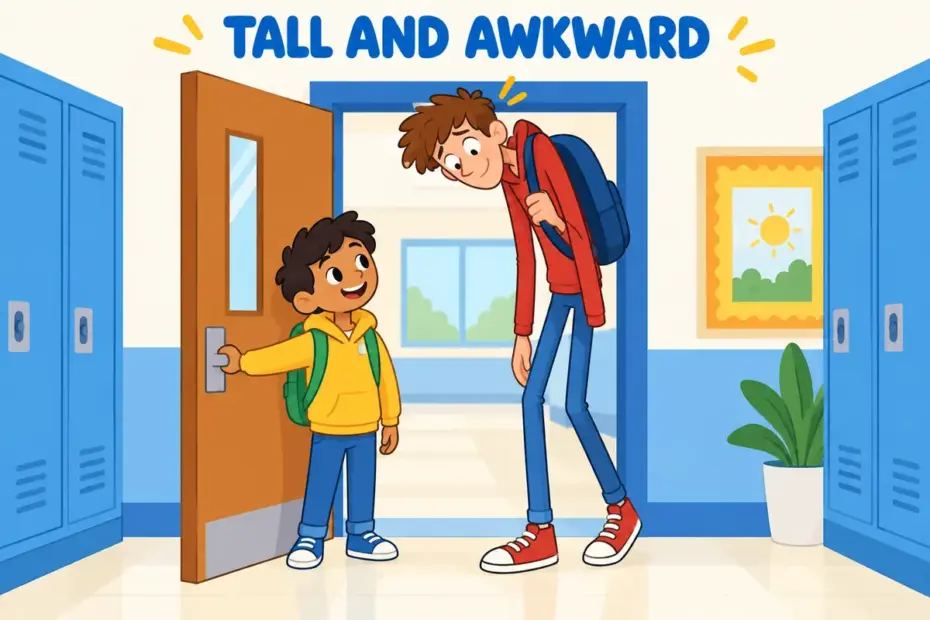 A tall thin cartoon boy stumbles in a doorway, illustrating gawky in a sentence as awkward, growing height.