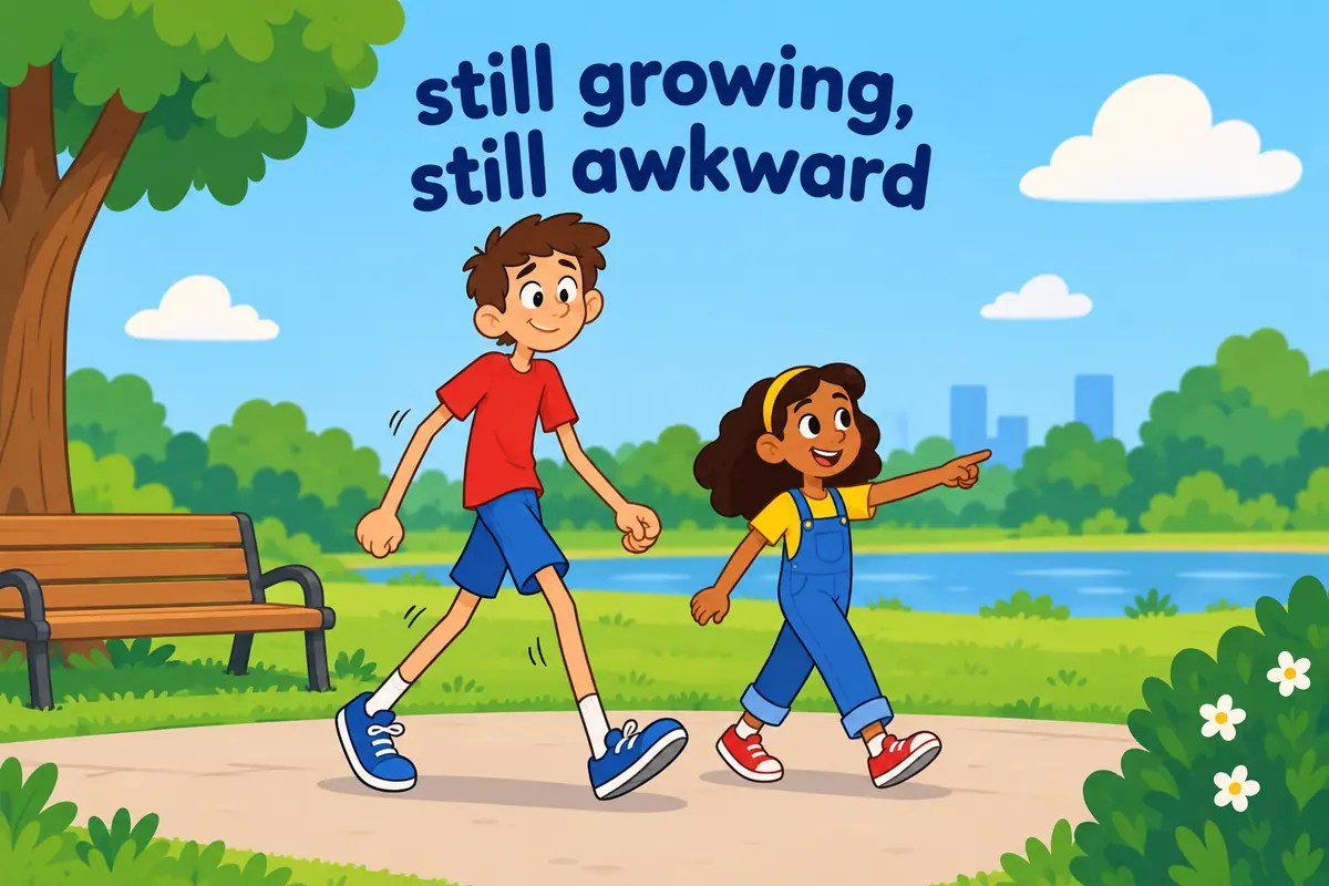 A tall thin cartoon boy walks with loose steps while a friend walks smoothly beside him.