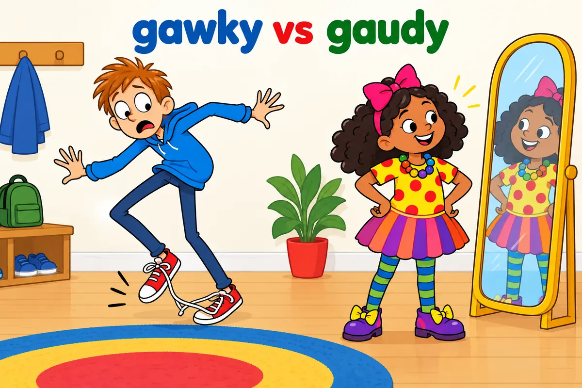 A single cartoon scene contrasts an awkward, growing child with a brightly, showily dressed one.