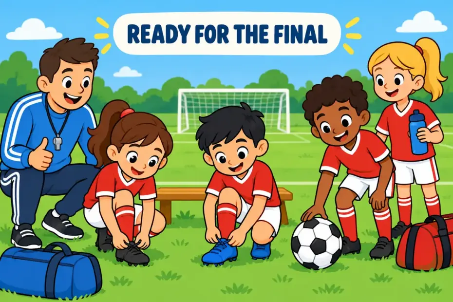 Cartoon pupils tie their boots and gather a ball beside a coach, showing gear up in a sentence as getting ready for a match.