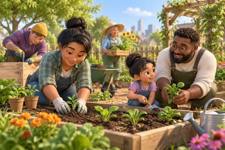 People of different ages share planting, repair, and learning tasks in a community garden.