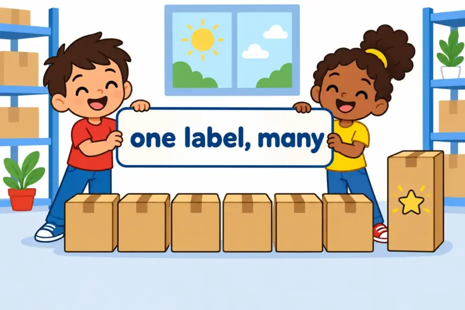 Cartoon pupils place one shared label across a row of identical plain boxes, showing generic in a sentence as belonging to a whole class.