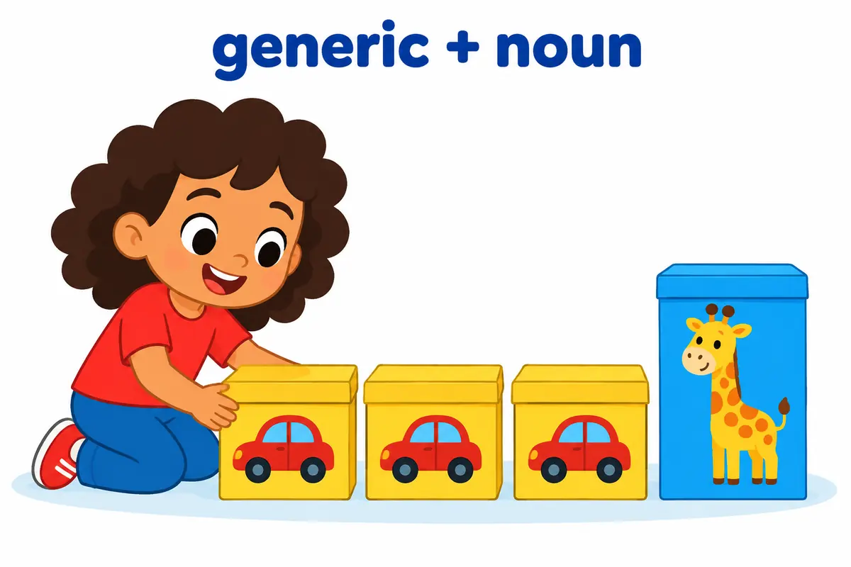 A cartoon child places a wide blank label on a group of similar toy boxes, with one taller box left unlabelled to one side.