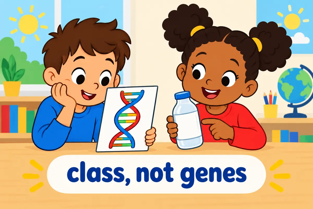 A cartoon single scene shows a child reading a gene-shaped diagram beside a plain unbranded bottle and a blank label.